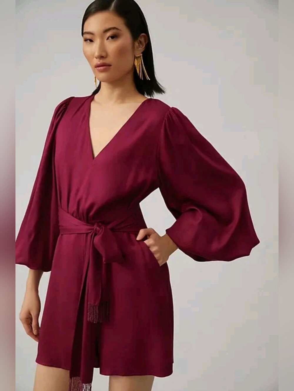 NWT Farm Rio Anthropolgie Bell-Sleeve One piece Beaded Accent Romper Plum Small